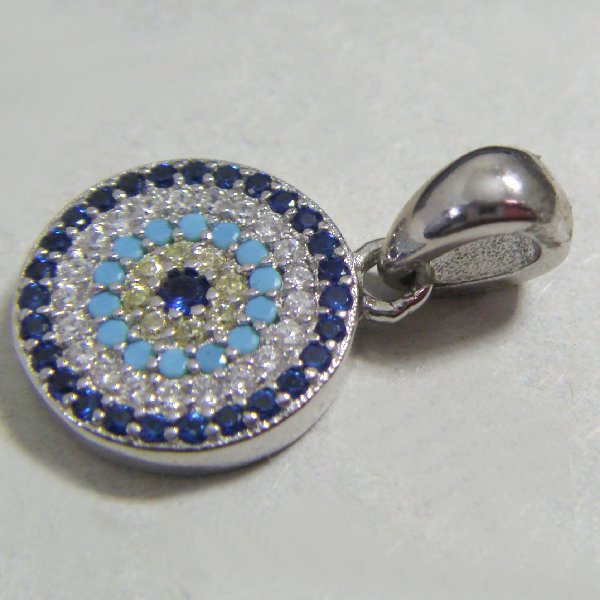 (p1384)Silver circular pendant with multi-colored stones.